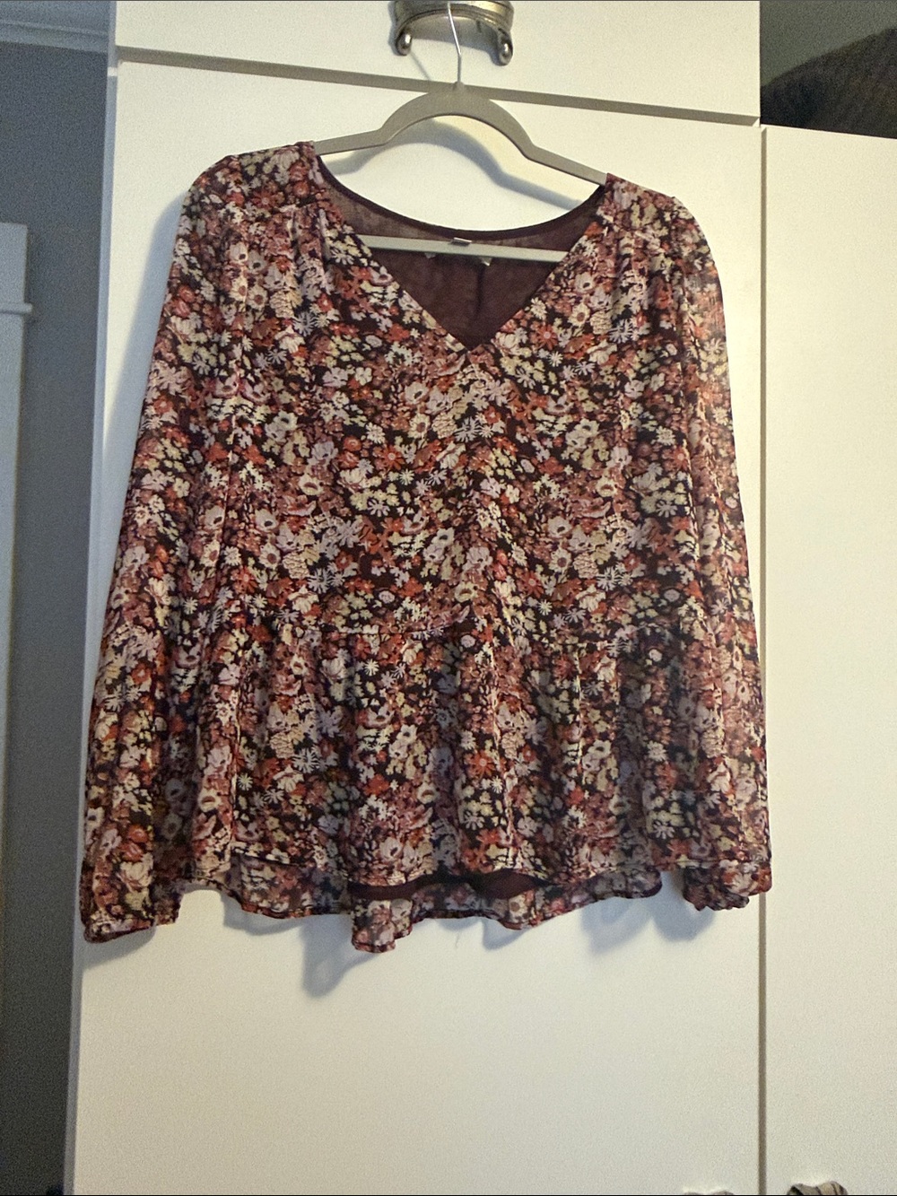 LOFT Burgundy Floral V-Neck Peplum Blouse